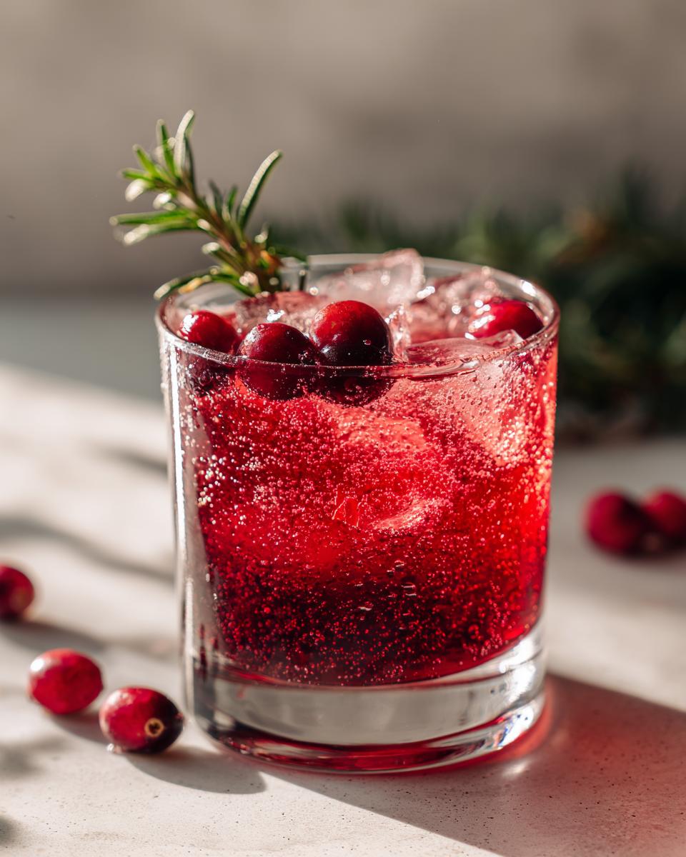 A refreshing cranberry cocktail with ice, garnished with fresh cranberries and rosemary, perfect for Thanksgiving.