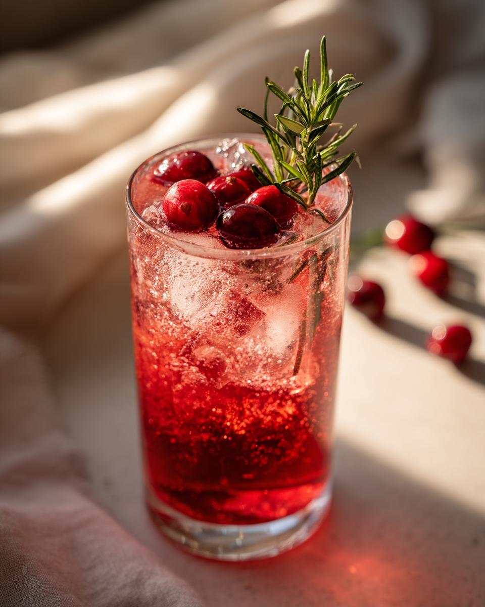 A refreshing cranberry cocktail garnished with fresh cranberries and rosemary, perfect for Thanksgiving.