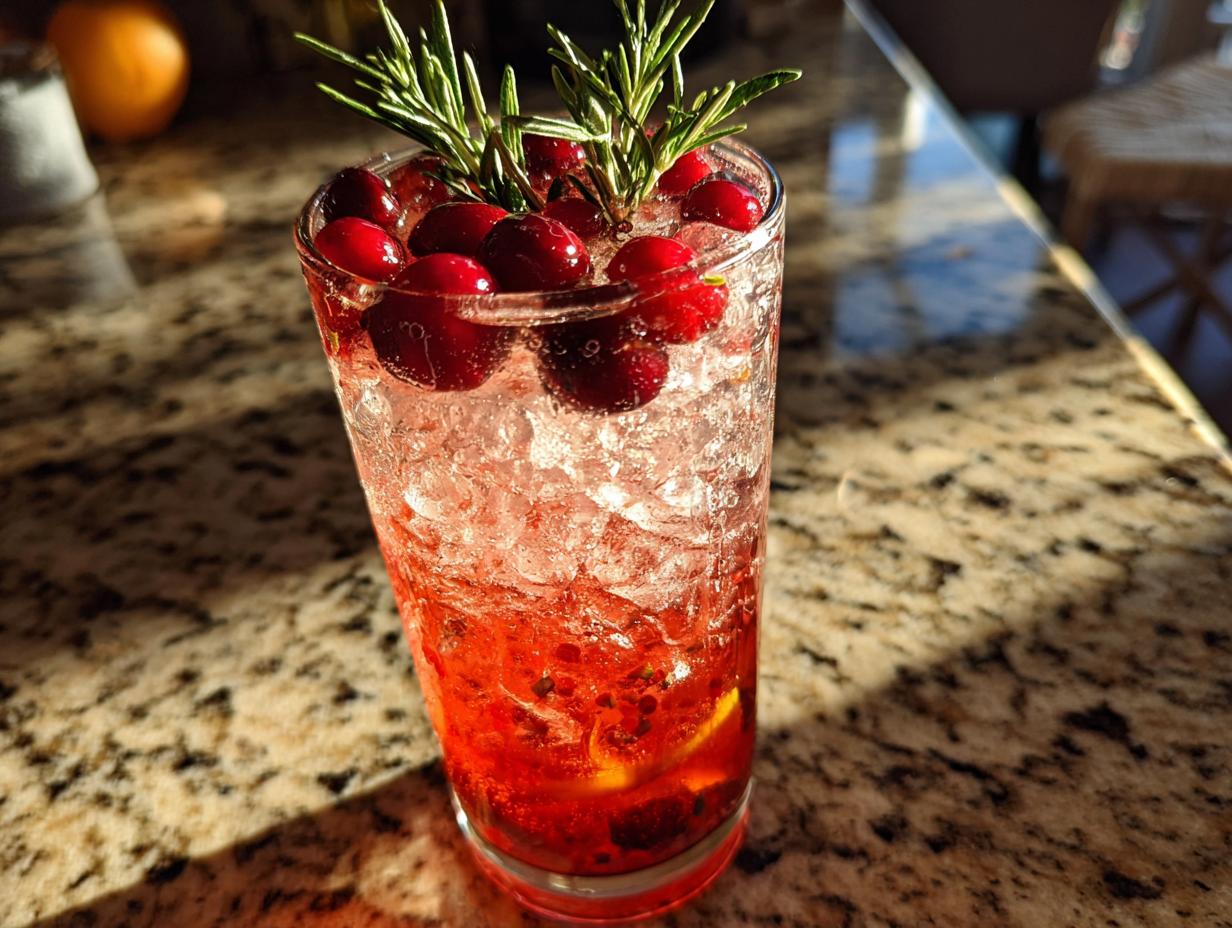 A refreshing Thanksgiving cocktail with cranberries, rosemary, and a slice of lemon, served over crushed ice.