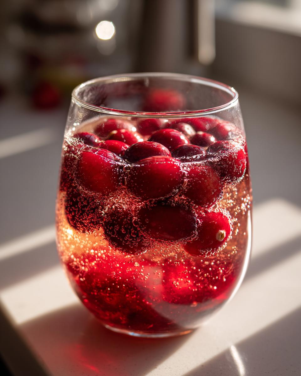 Close-up of a sparkling cranberry cocktail with whole cranberries floating inside, perfect for Thanksgiving cocktails ideas.