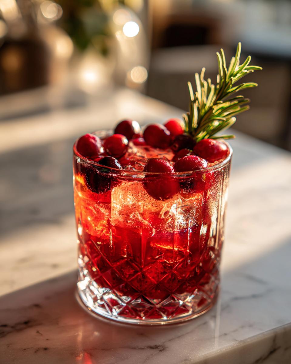 A refreshing glass of Thanksgiving cocktails recipe, filled with ice, cranberries, and a sprig of rosemary.