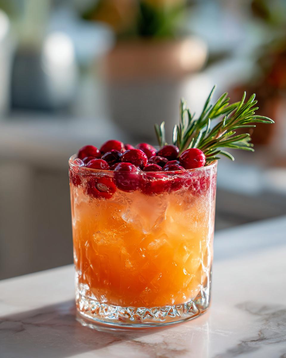 A refreshing Thanksgiving cocktail recipe featuring a bright orange drink, garnished with fresh cranberries and a sprig of rosemary.