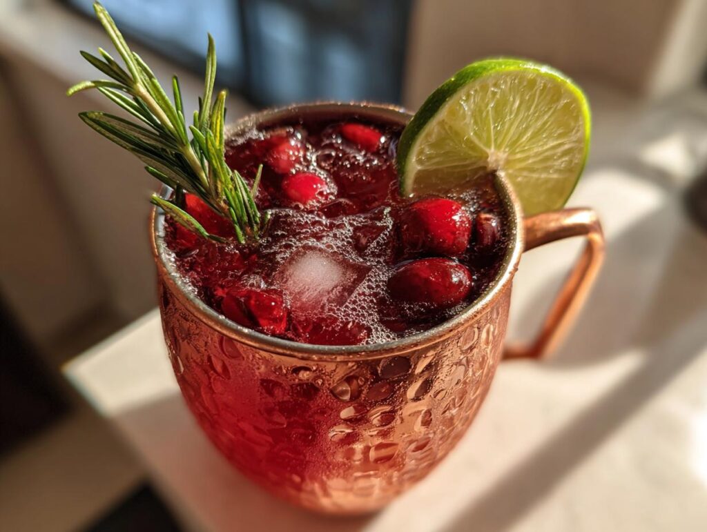 A close-up of a festive Thanksgiving cocktail in a copper mug, garnished with cranberries, rosemary, and a lime slice.