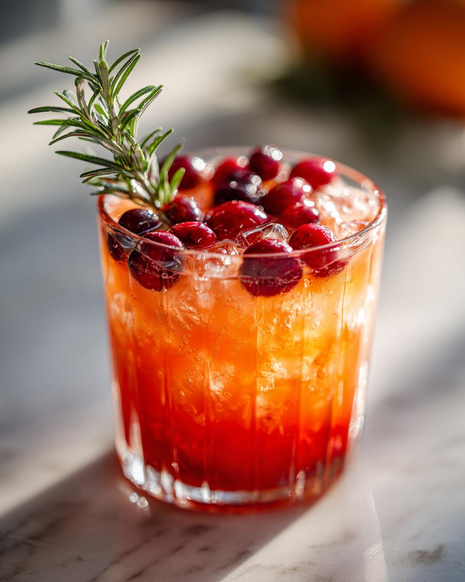 A refreshing Thanksgiving cocktail recipe with cranberries and rosemary garnish on ice.