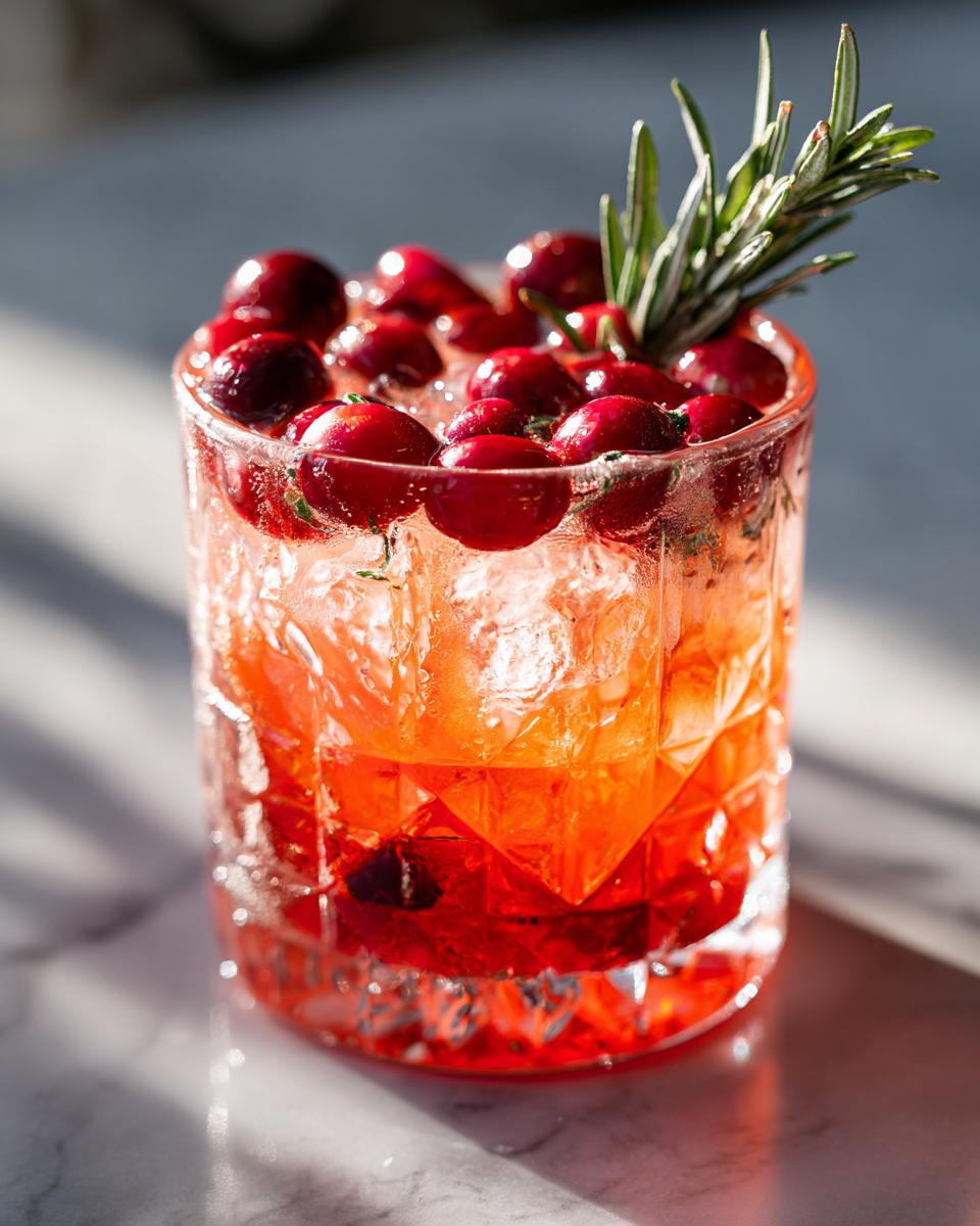 A refreshing Thanksgiving cocktail recipe with fresh cranberries and rosemary garnish in a crystal glass filled with ice.
