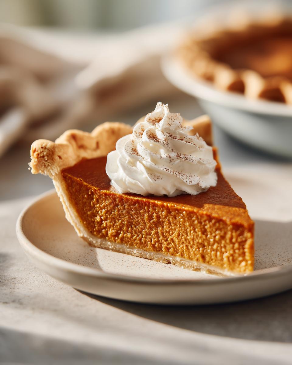 A close-up of a slice of pumpkin pie topped with whipped cream and cinnamon, a classic Thanksgiving dessert.