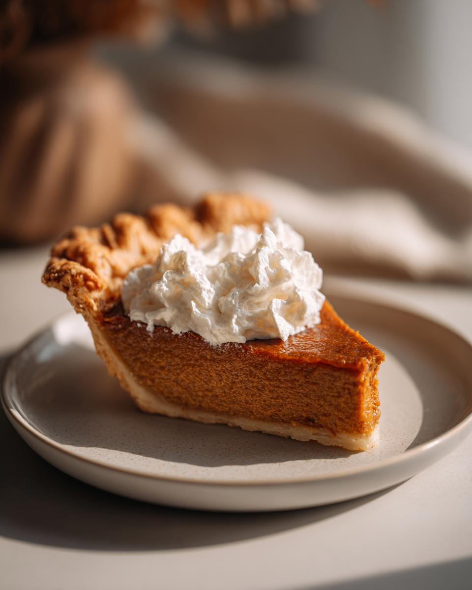 A delicious slice of pumpkin pie, topped with whipped cream, perfect for Thanksgiving desserts.