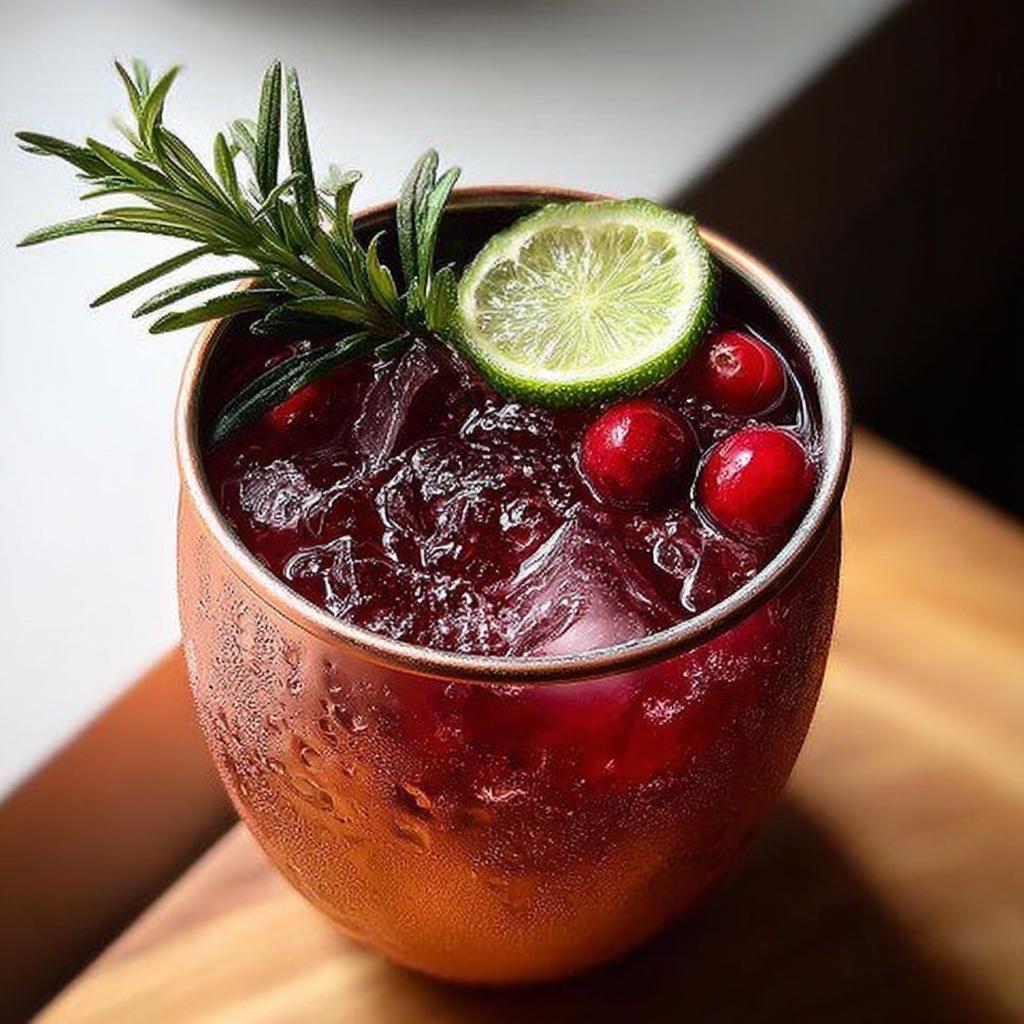 A festive Thanksgiving punch recipe in a copper mug, garnished with cranberries, lime, and rosemary.