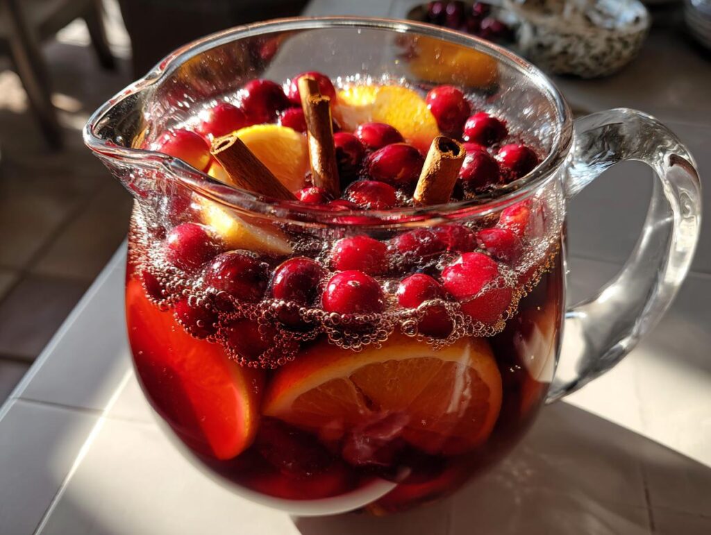 A pitcher filled with a vibrant Thanksgiving punch recipe, featuring cranberries, orange slices, and cinnamon sticks.