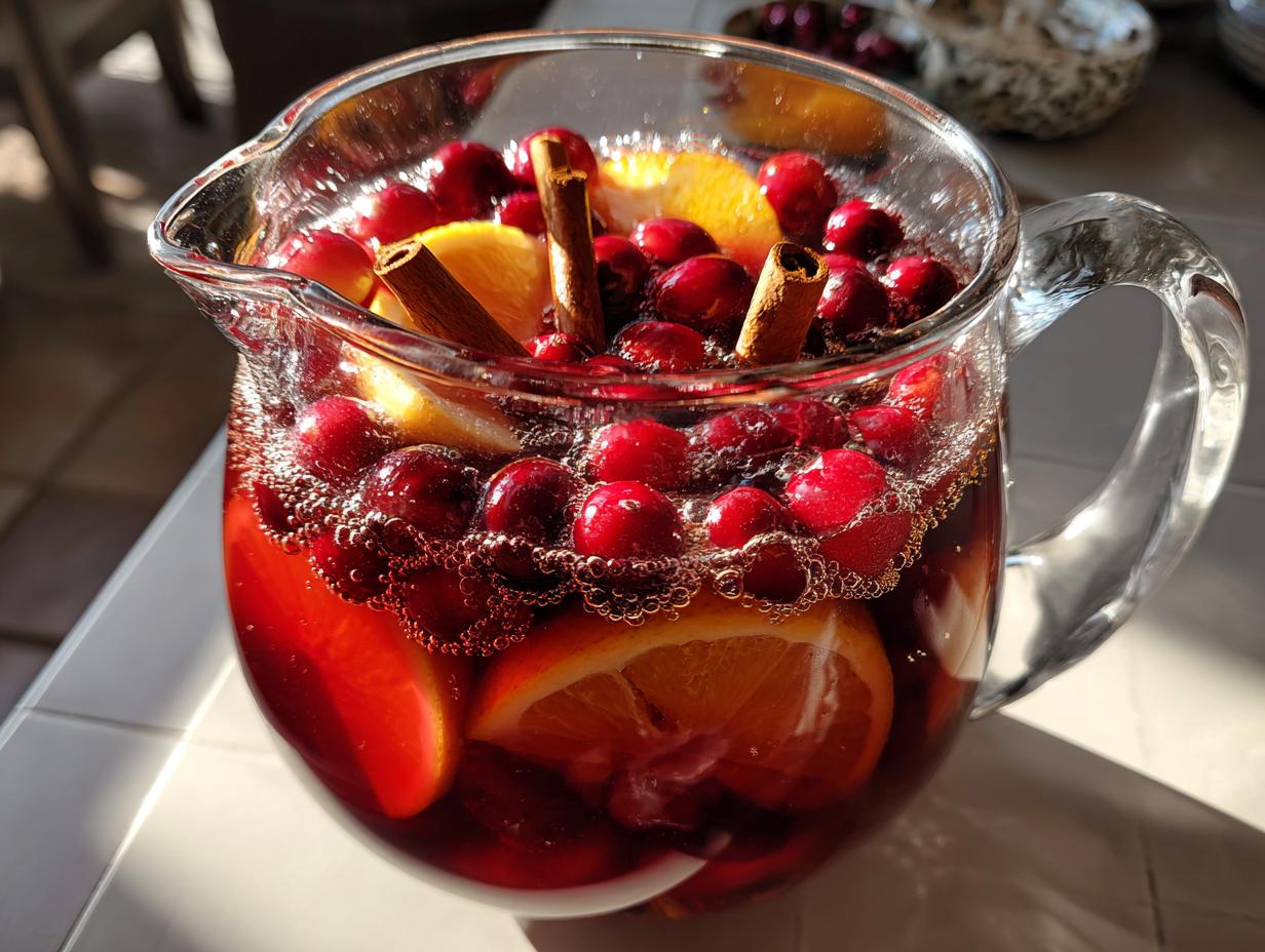 A pitcher filled with a vibrant Thanksgiving punch recipe, featuring cranberries, orange slices, and cinnamon sticks.