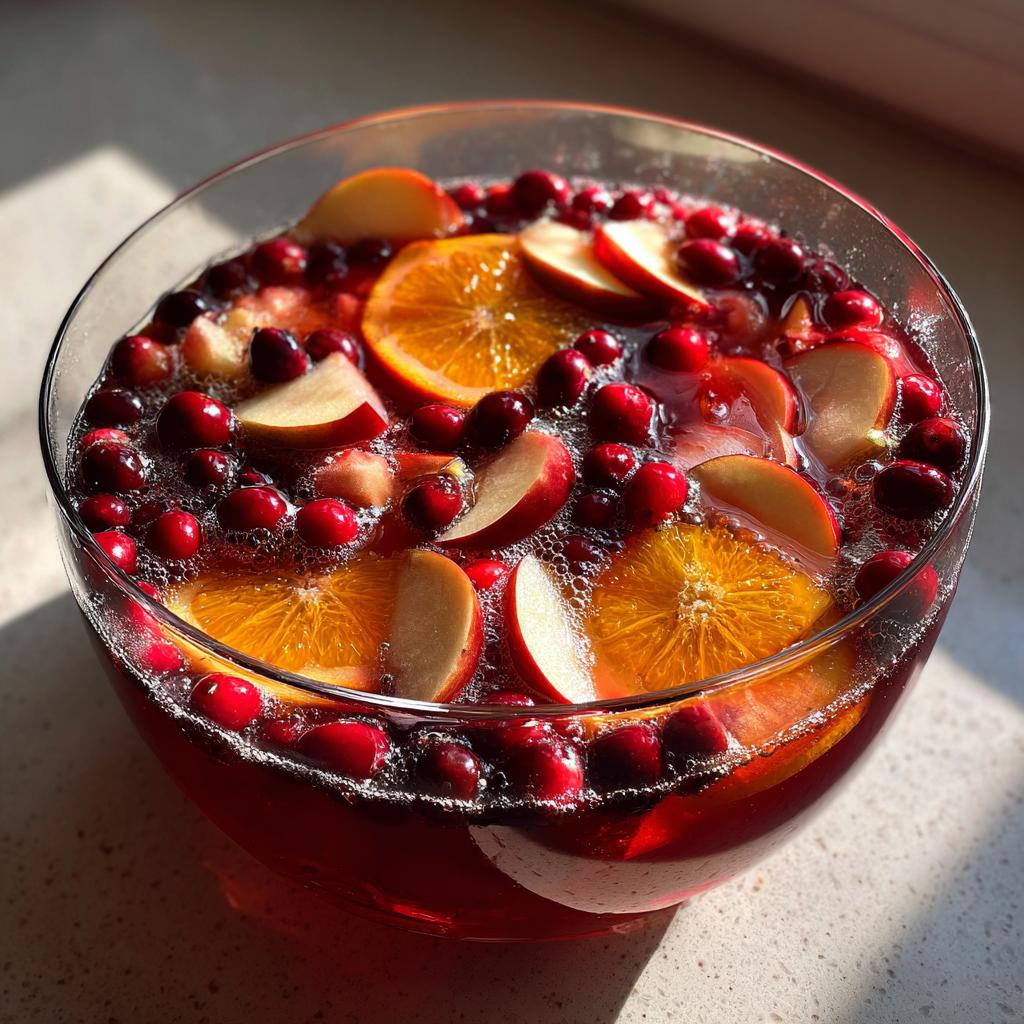 A close-up of a clear bowl filled with a vibrant Thanksgiving punch recipe, featuring orange slices, cranberries, and apple wedges.