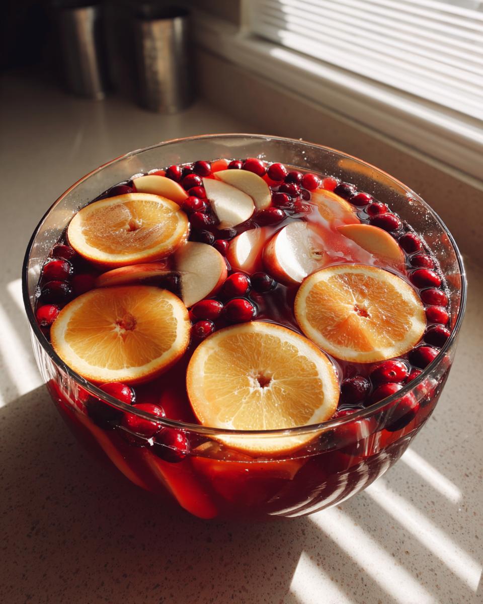 A close-up of a large glass bowl filled with a vibrant Thanksgiving punch recipe, featuring slices of oranges, apples, and whole cranberries.