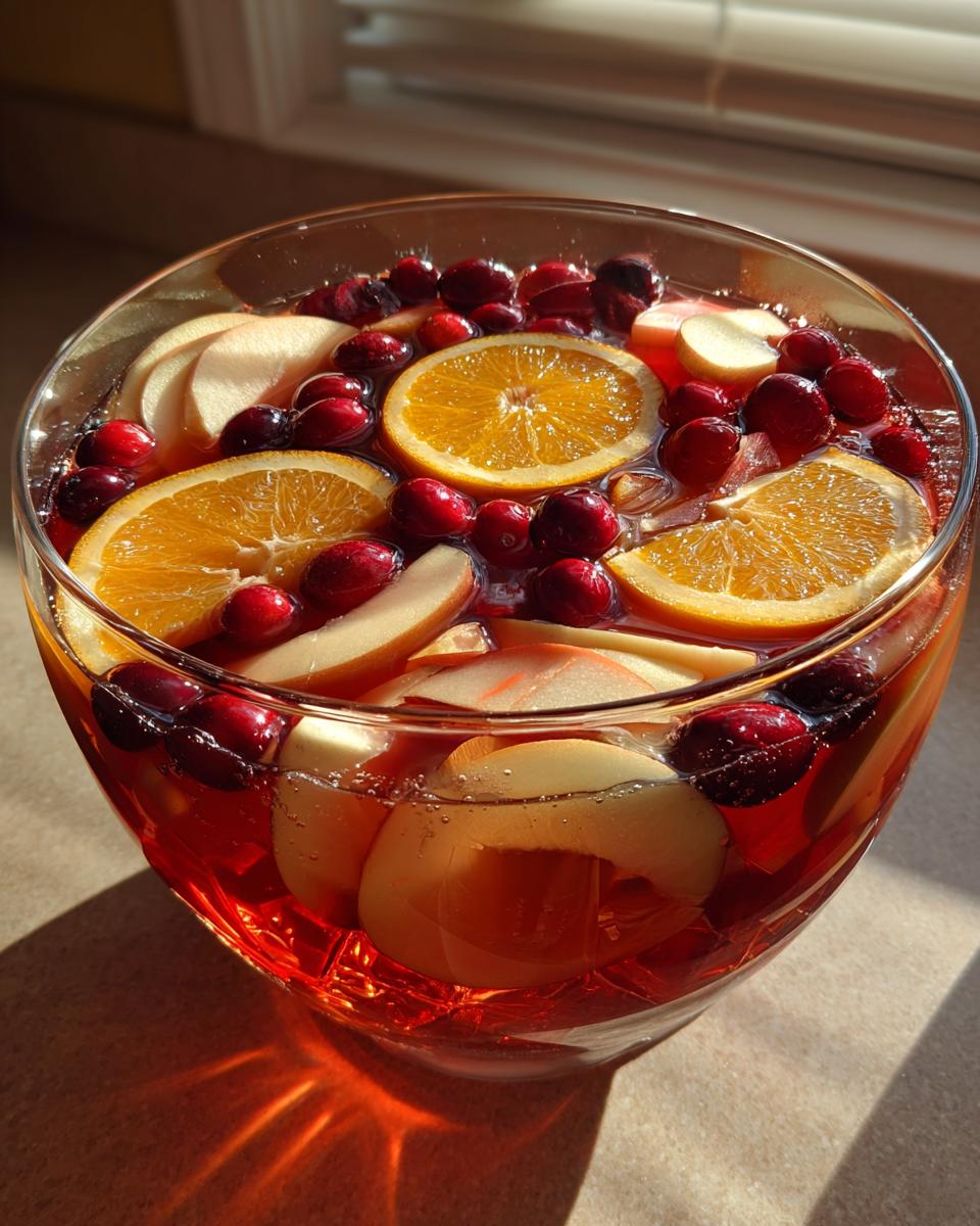A beautiful glass bowl filled with a vibrant red Thanksgiving punch recipe, garnished with fresh cranberries, orange slices, and apple wedges.