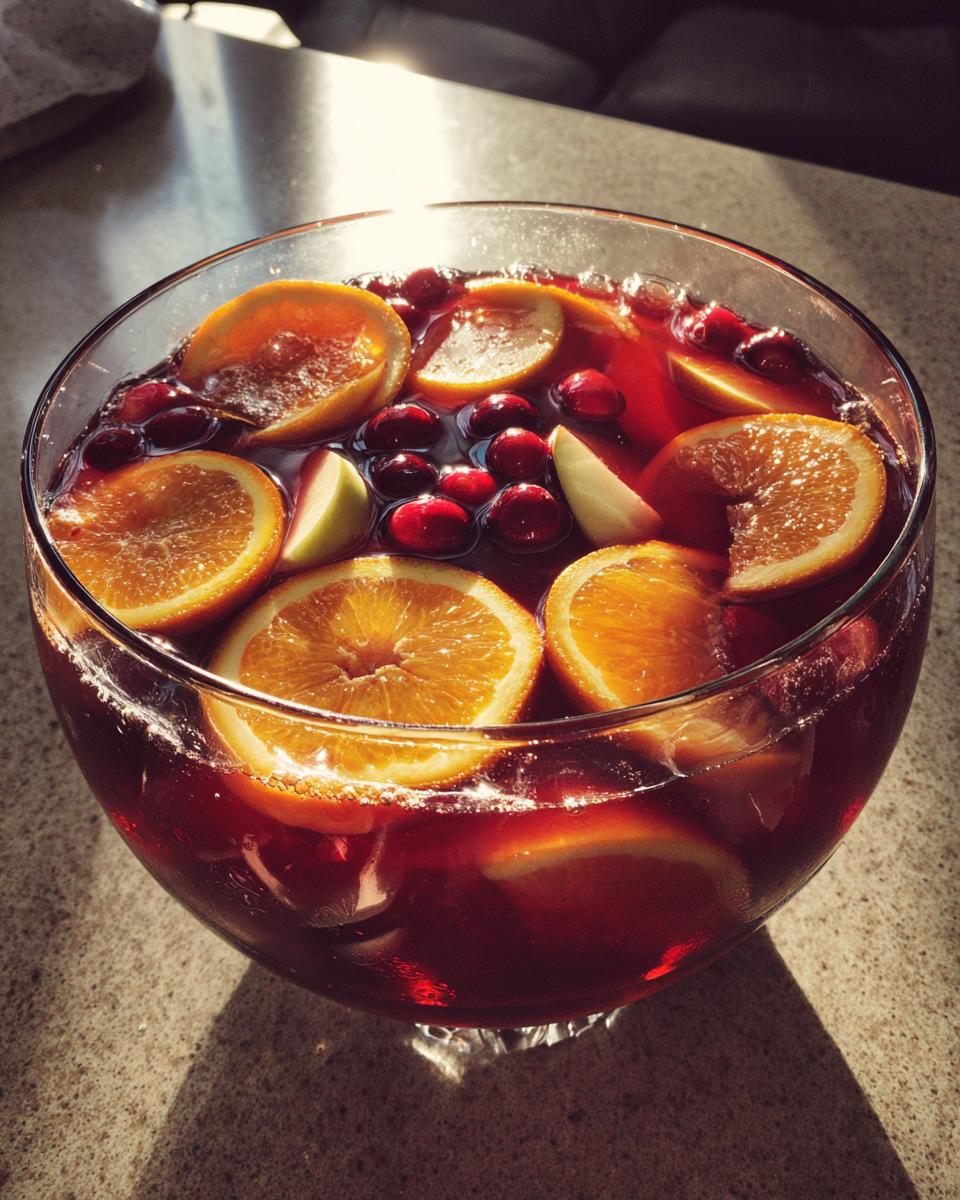 A large glass bowl filled with a vibrant red Thanksgiving punch recipe, garnished with fresh orange slices, cranberries, and apple wedges.