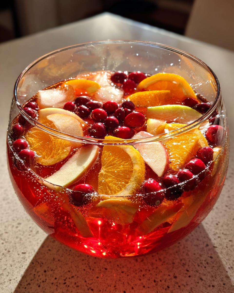 A close-up of a festive Thanksgiving punch recipe with oranges, cranberries, apples, and ice in a glass bowl.