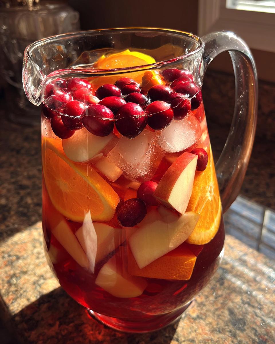 A pitcher filled with a vibrant Thanksgiving punch recipe, featuring cranberries, orange slices, apple wedges, and ice.
