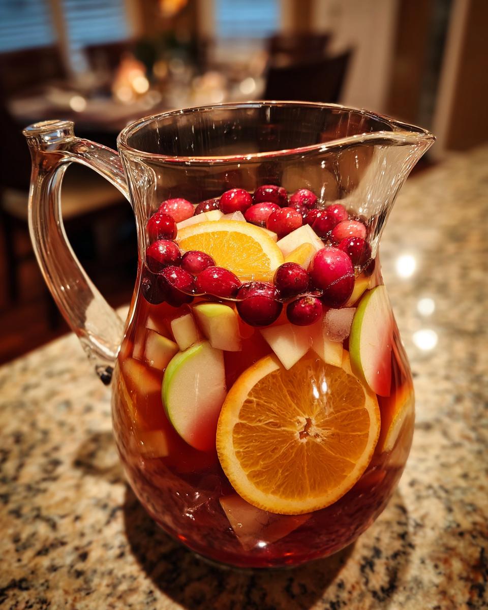 A pitcher filled with a vibrant Thanksgiving punch recipe, featuring oranges, cranberries, and apple slices.