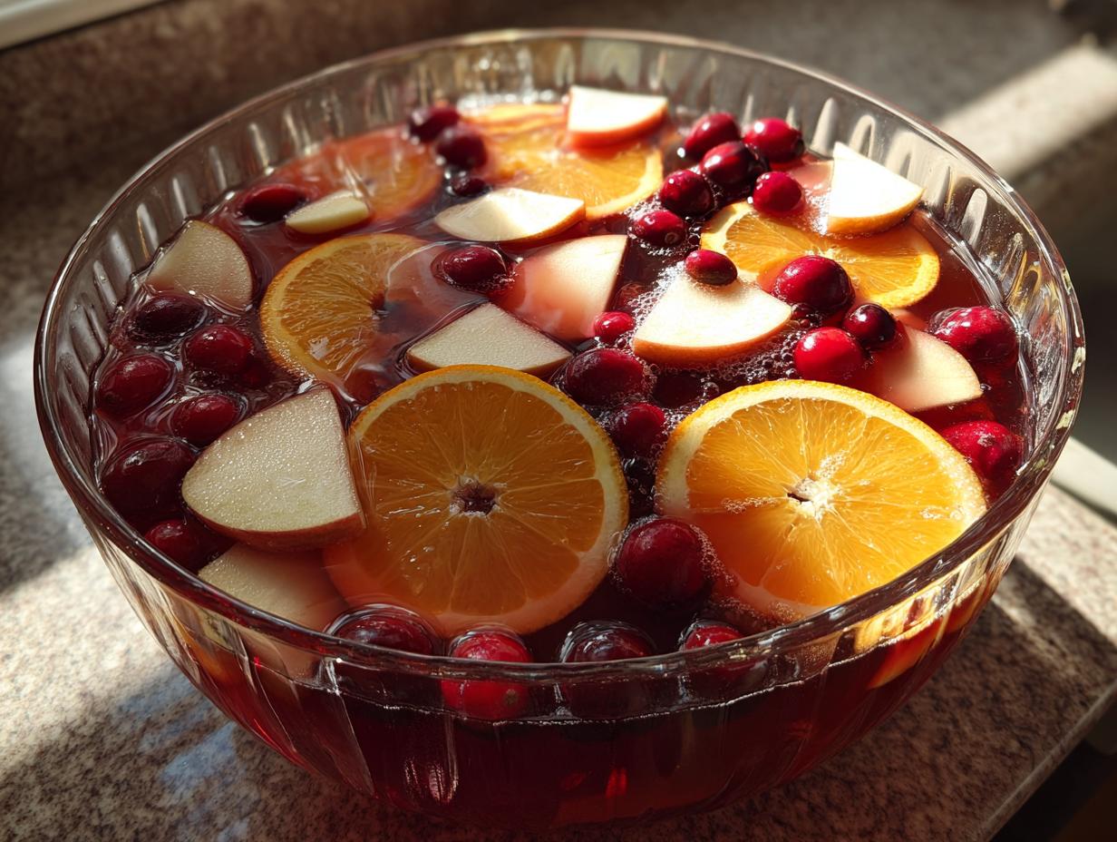 A close-up of a large glass bowl filled with a festive Thanksgiving punch, featuring orange slices, cranberries, and apple wedges.
