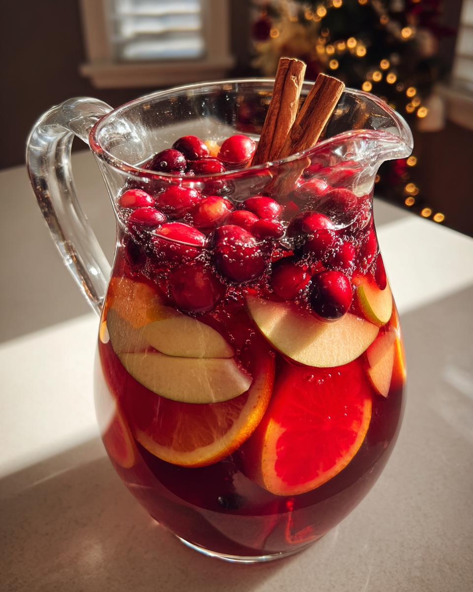 A glass pitcher filled with a vibrant red Thanksgiving punch recipe, featuring cranberries, apple slices, orange slices, and cinnamon sticks.