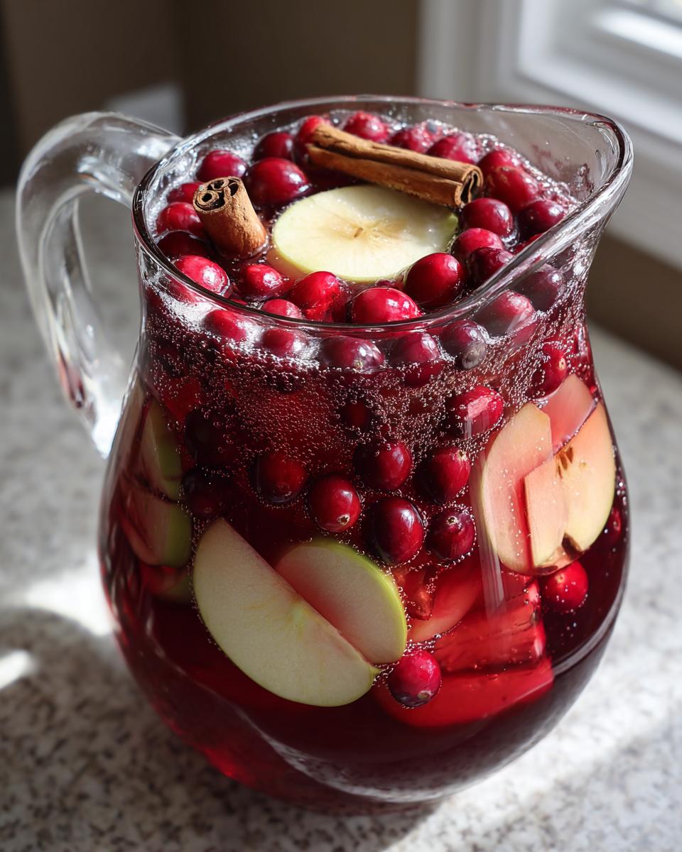 A clear glass pitcher filled with a bubbly, ruby-red Thanksgiving punch recipe, featuring whole cranberries, apple slices, and cinnamon sticks.