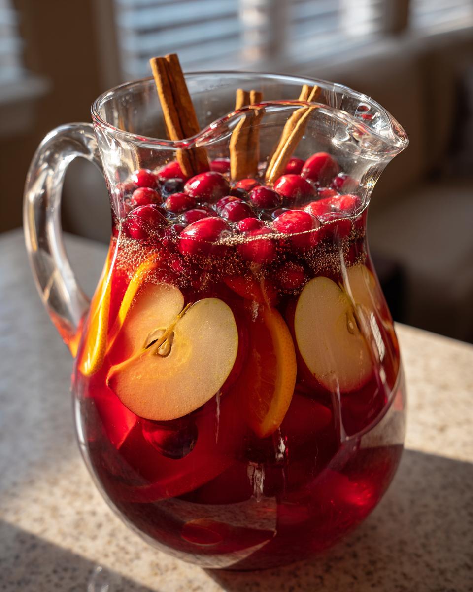 A glass pitcher filled with a vibrant Thanksgiving punch recipe, featuring cranberries, orange slices, apple slices, and cinnamon sticks.