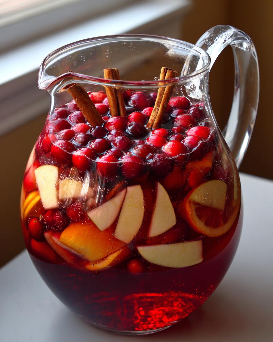 A clear glass pitcher filled with a vibrant Thanksgiving punch recipe, featuring cranberries, apple slices, orange slices, and cinnamon sticks.