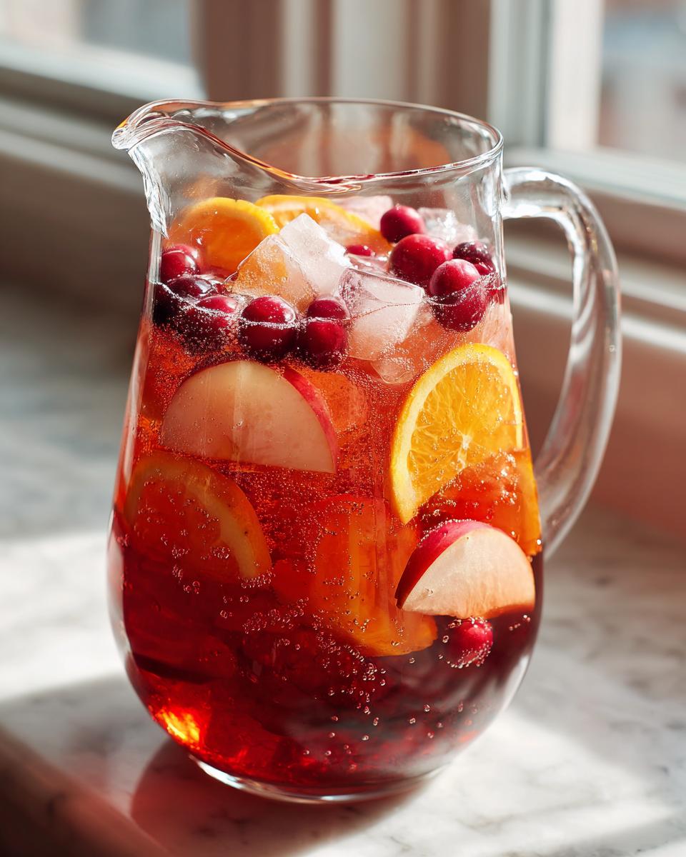 A clear pitcher filled with a vibrant red Thanksgiving punch recipe, featuring slices of oranges, apples, cranberries, and ice cubes.