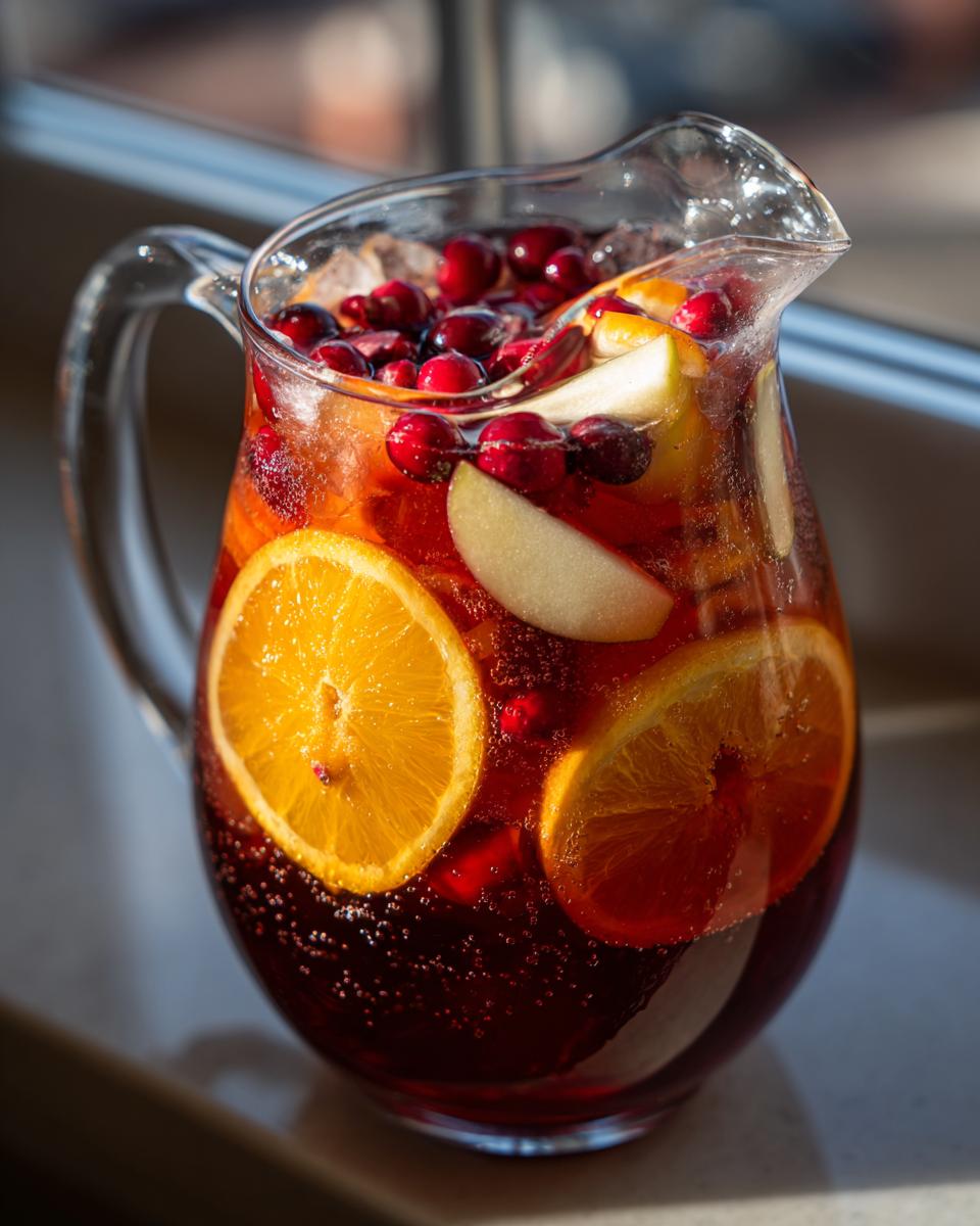 A pitcher filled with a vibrant Thanksgiving punch recipe, featuring oranges, cranberries, apples, and ice.