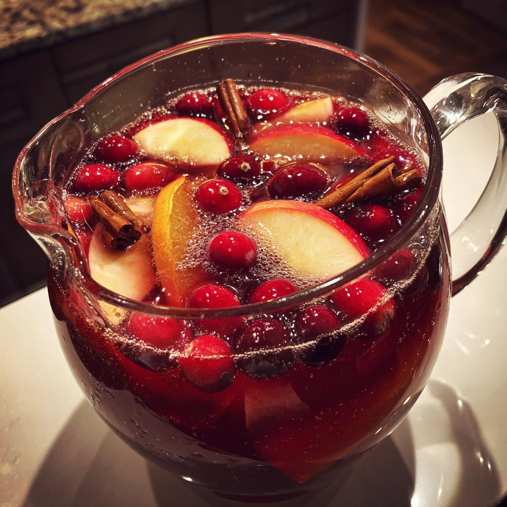 A clear glass pitcher filled with a festive Thanksgiving punch recipe, featuring cranberries, apple slices, orange slices, and cinnamon sticks.