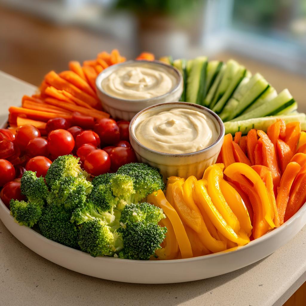 A vibrant Thanksgiving veggie tray filled with broccoli, carrots, bell peppers, cherry tomatoes, and cucumber slices, served with two bowls of dip.