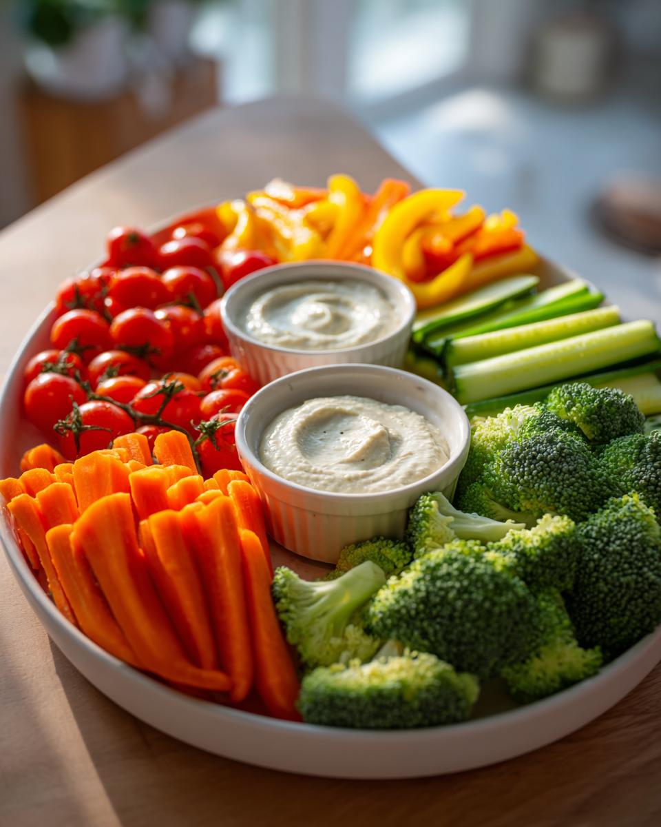 A vibrant Thanksgiving veggie tray featuring carrots, cherry tomatoes, bell peppers, cucumber, and broccoli with two dips.