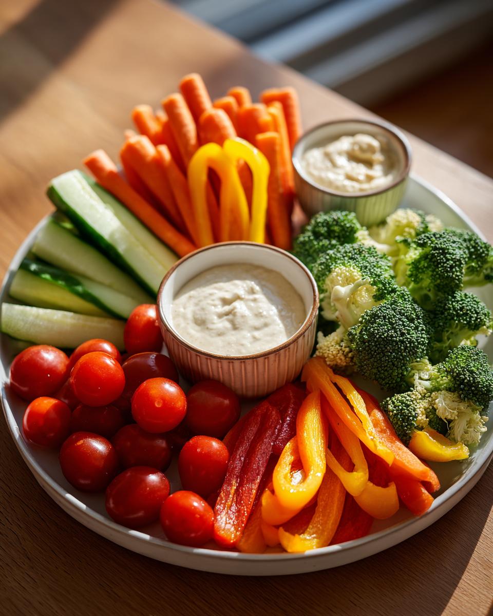 A vibrant Thanksgiving veggie tray featuring carrots, cucumber, bell peppers, cherry tomatoes, and broccoli with two bowls of dip.