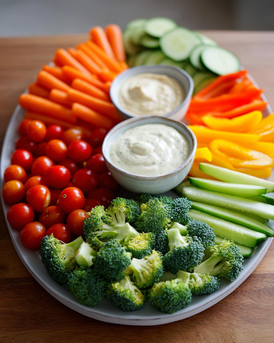 A vibrant Thanksgiving veggie tray featuring broccoli, carrots, cherry tomatoes, cucumber, and bell peppers with two dips.
