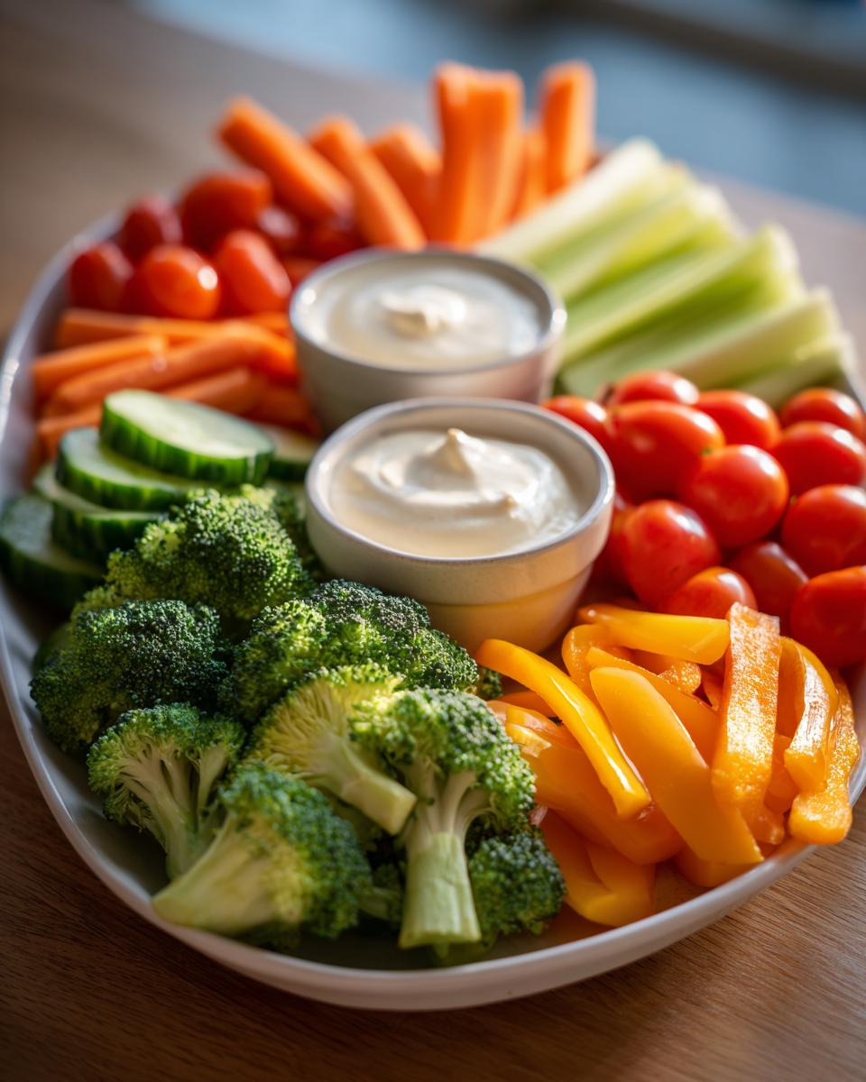 A colorful Thanksgiving veggie tray featuring broccoli, carrots, celery, cucumbers, cherry tomatoes, and bell peppers with two dips.