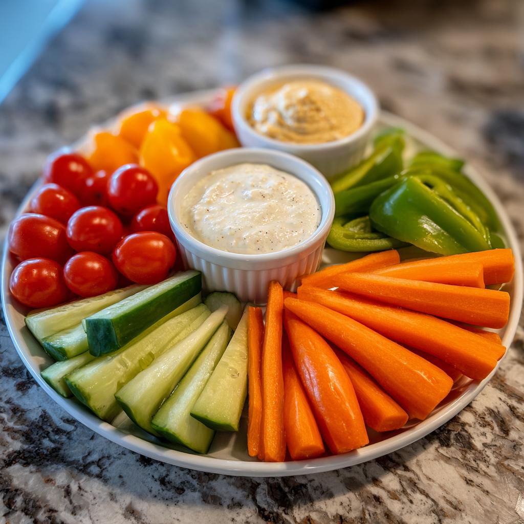 A vibrant Thanksgiving veggie tray featuring cherry tomatoes, cucumber sticks, carrot sticks, bell peppers, and two dips.