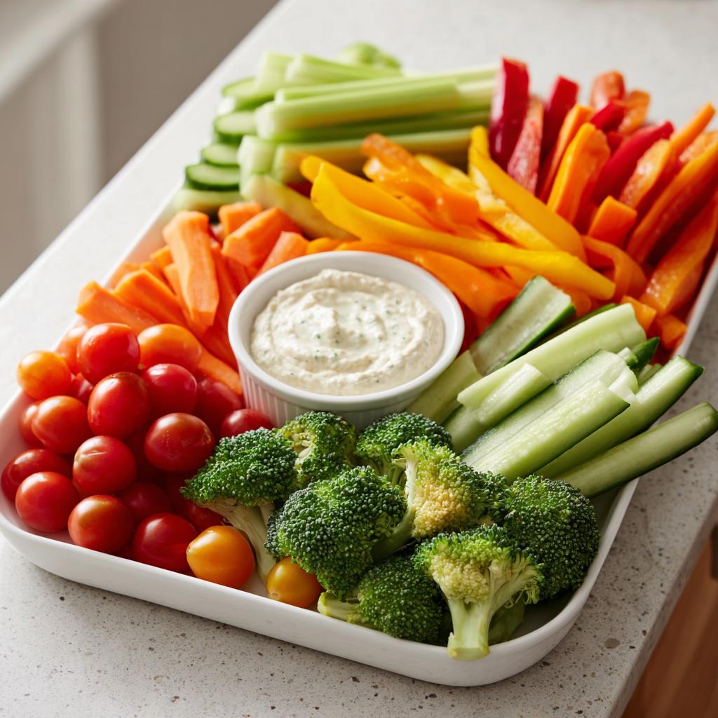 A colorful Thanksgiving veggie tray recipe with broccoli, cherry tomatoes, carrots, bell peppers, celery, and cucumber served with a creamy dip.
