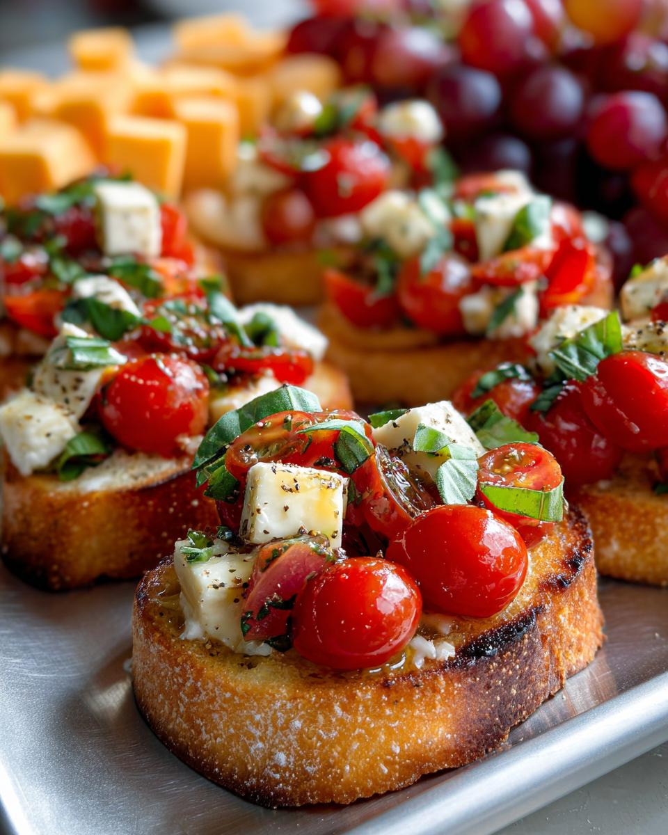 Close-up of fresh tomato and mozzarella bruschetta, a delicious new years appetizer, with grapes and cheese in the background.