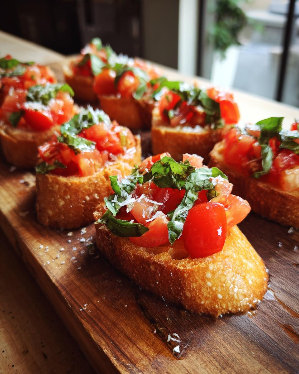 Close-up of fresh tomato bruschetta with basil and parmesan, perfect for Nye food.