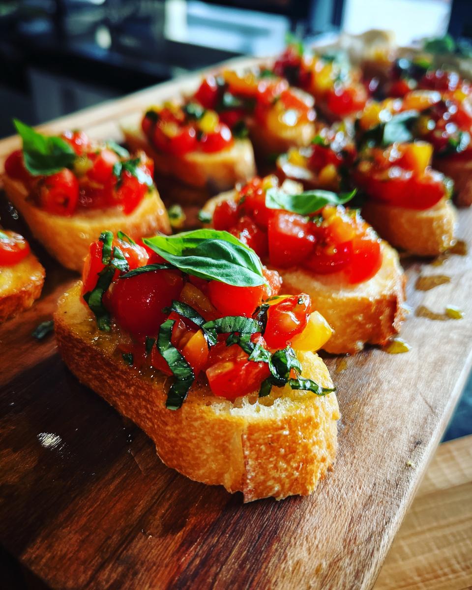 Close-up of fresh tomato bruschetta with basil, a perfect magical nye food.