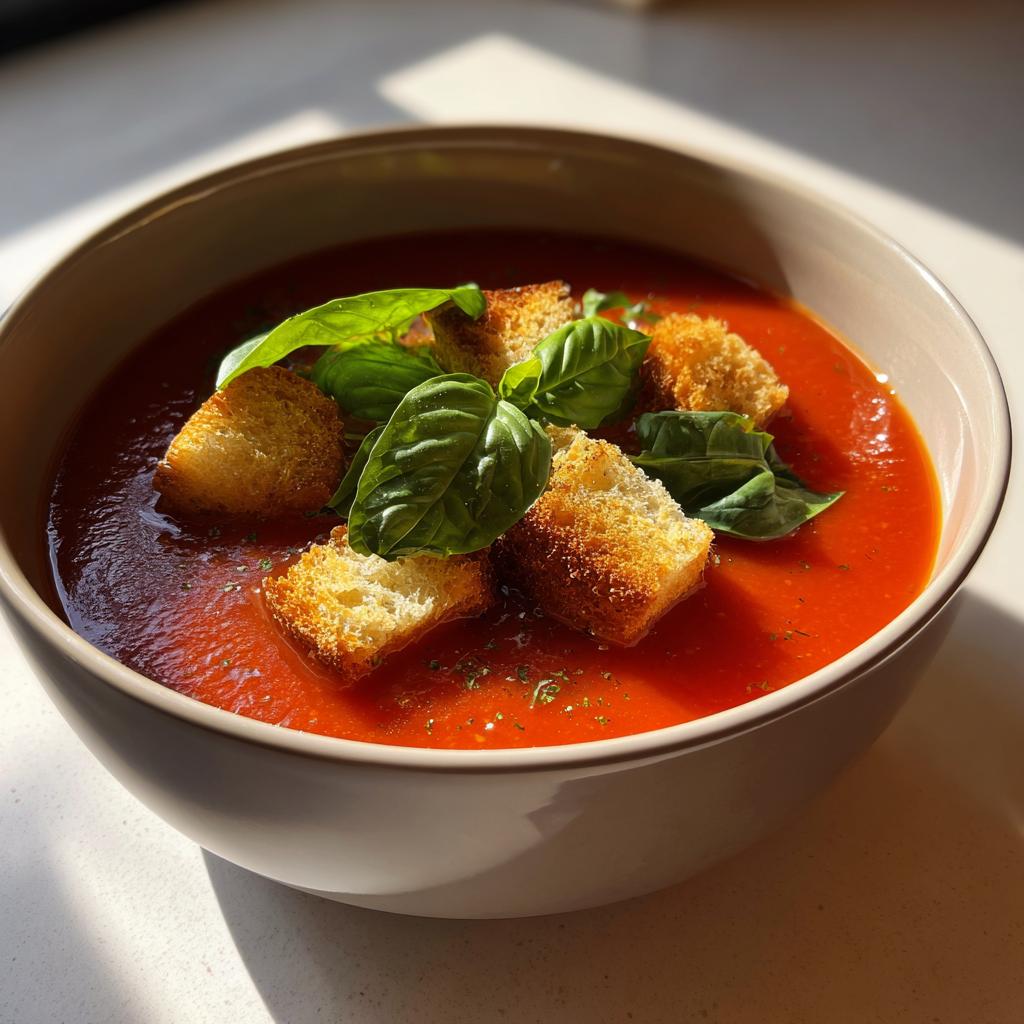A bowl of vibrant tomato soup topped with golden croutons and fresh basil leaves, perfect for soup recipes.