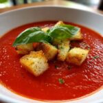 A bowl of smooth tomato soup topped with golden croutons and fresh basil, perfect for soup recipes.