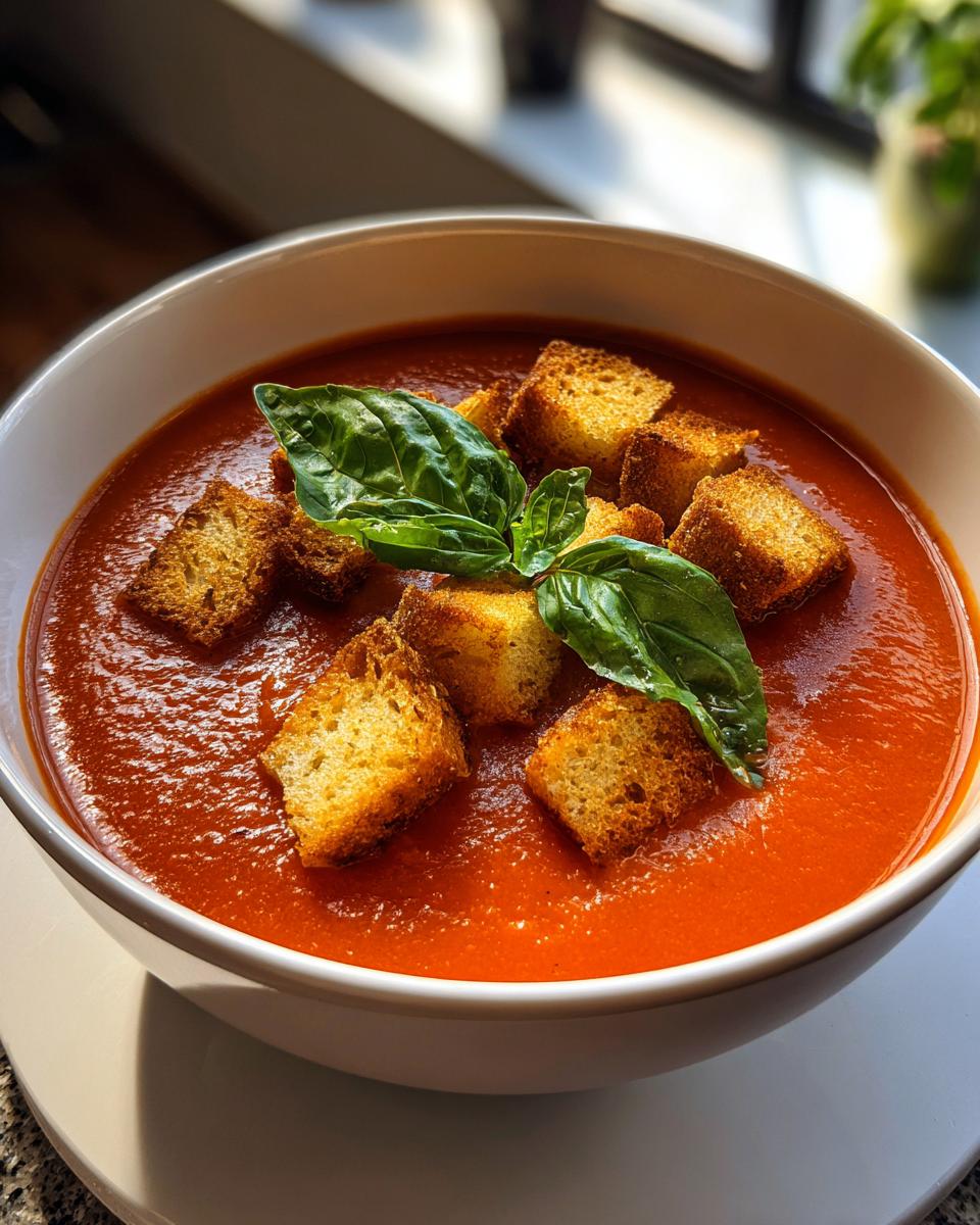 A bowl of creamy tomato soup topped with golden croutons and fresh basil leaves. One of the best soup recipes.
