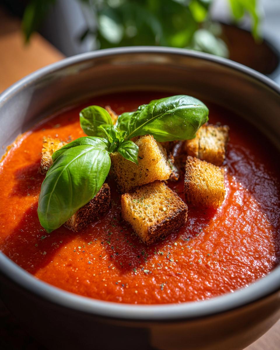 A close-up of a bowl of vibrant tomato soup topped with golden croutons and fresh basil leaves. A delicious addition to any soup recipes.