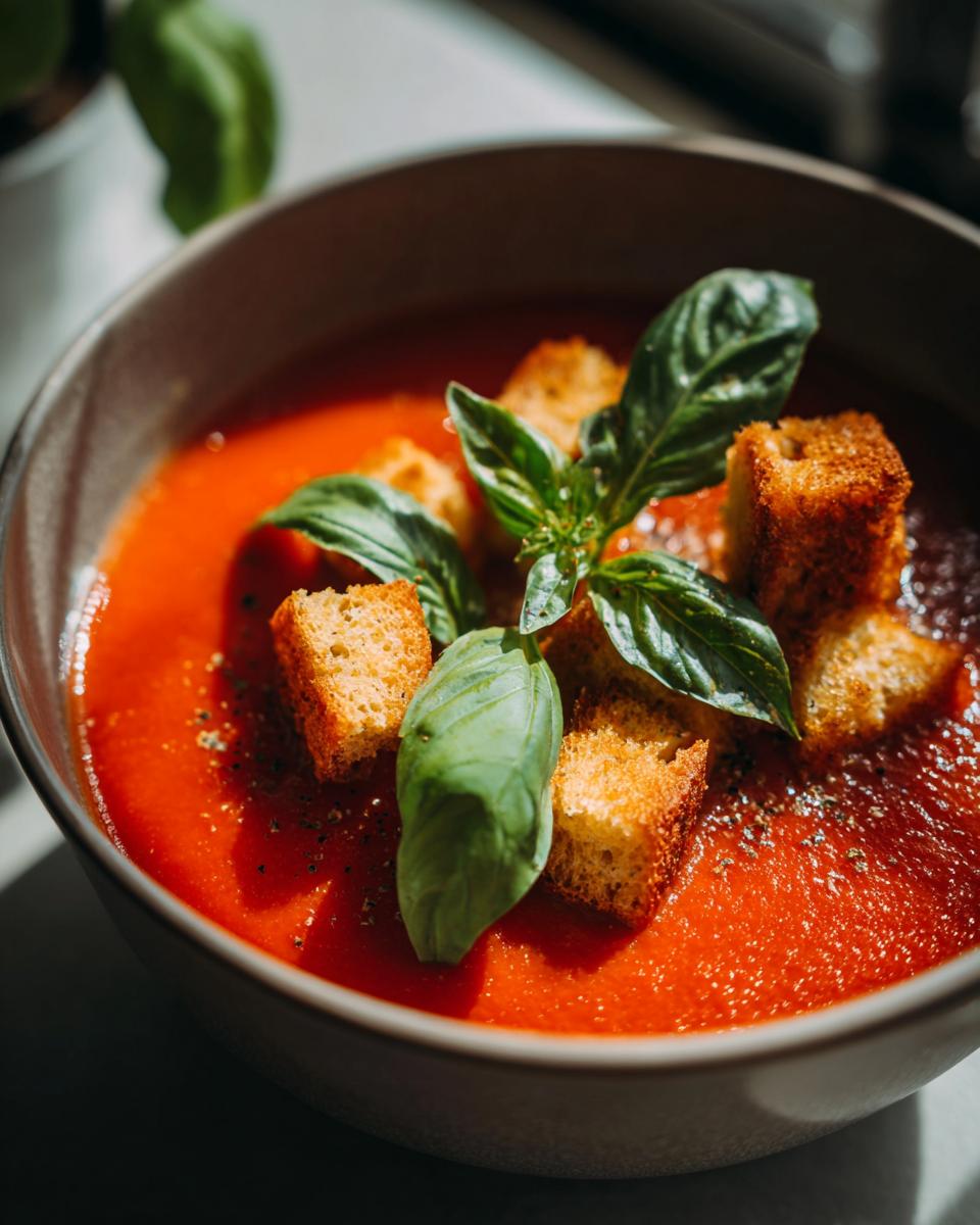Close-up of a bowl of vibrant tomato soup, topped with golden croutons and fresh basil leaves. Part of our soup recipes collection.