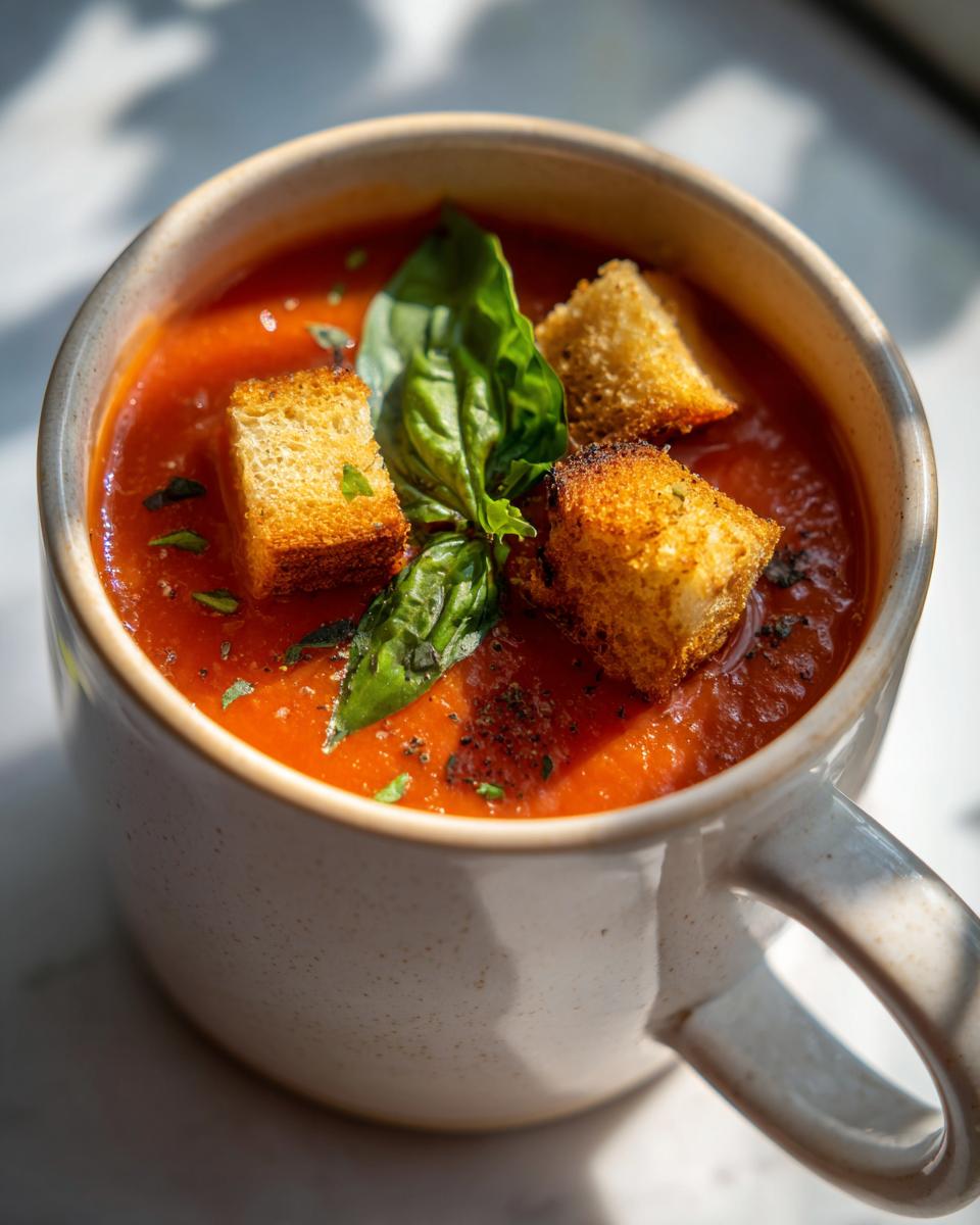 A close-up of a mug of creamy tomato soup, topped with golden croutons and fresh basil leaves. One of many comforting soup recipes.