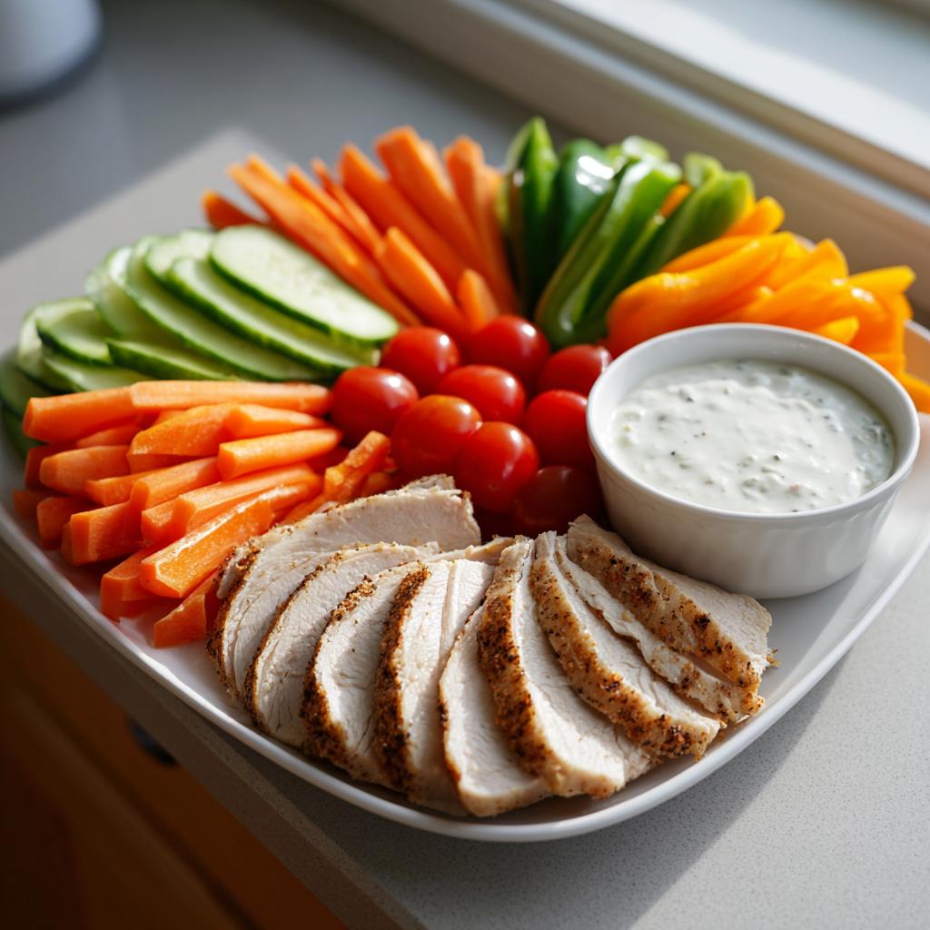 A colorful turkey veggie platter featuring sliced turkey breast, carrots, cucumbers, cherry tomatoes, and bell peppers with a creamy dip.