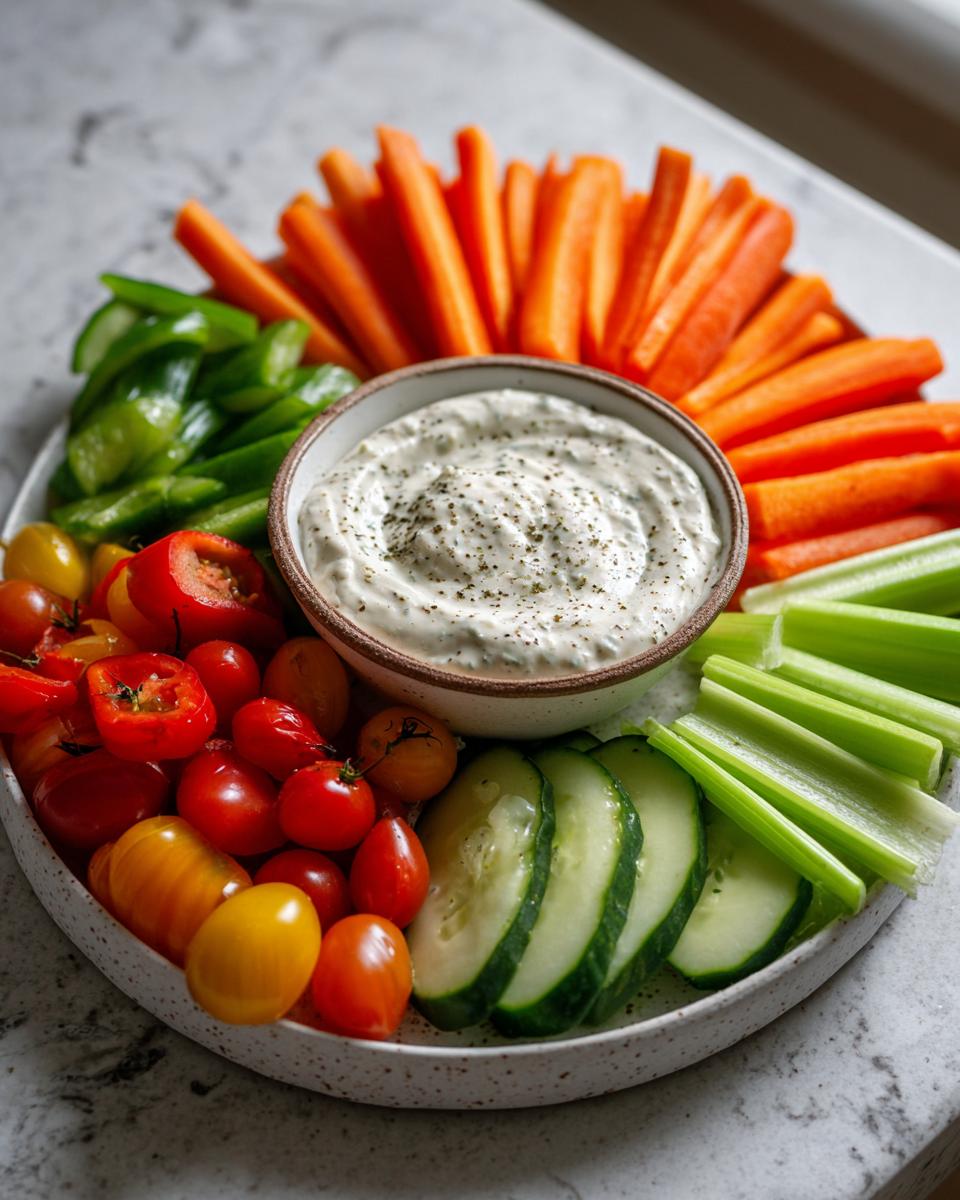 A vibrant veggie tray with carrots, celery, cucumbers, tomatoes, and bell peppers surrounding a bowl of creamy dip. A perfect example of veggie tray ideas.