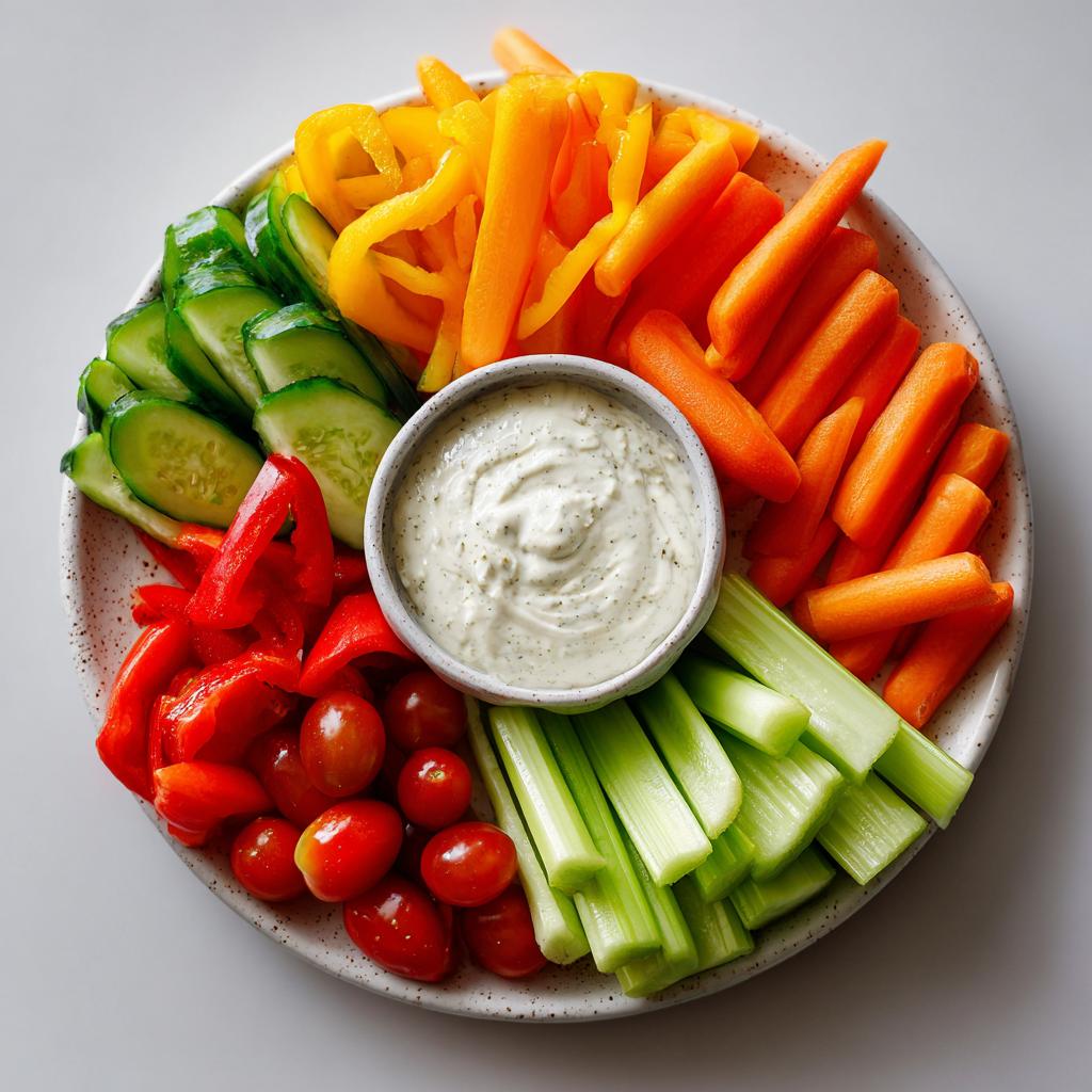 A vibrant veggie tray featuring an assortment of fresh vegetables like carrots, celery, bell peppers, cucumbers, and cherry tomatoes surrounding a bowl of creamy dip.