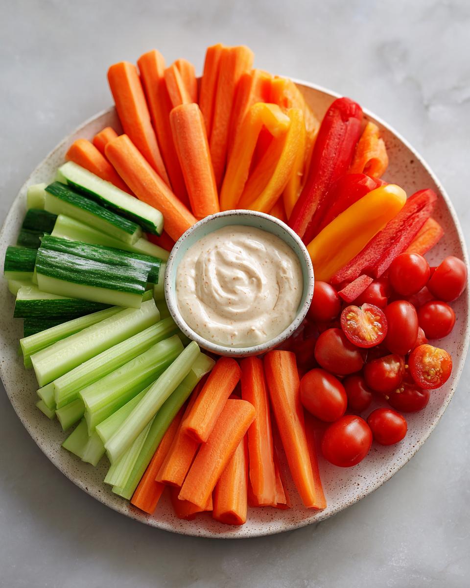 A vibrant platter showcasing various veggie tray ideas: carrot sticks, cucumber sticks, celery sticks, bell pepper strips, and cherry tomatoes surrounding a bowl of dip.