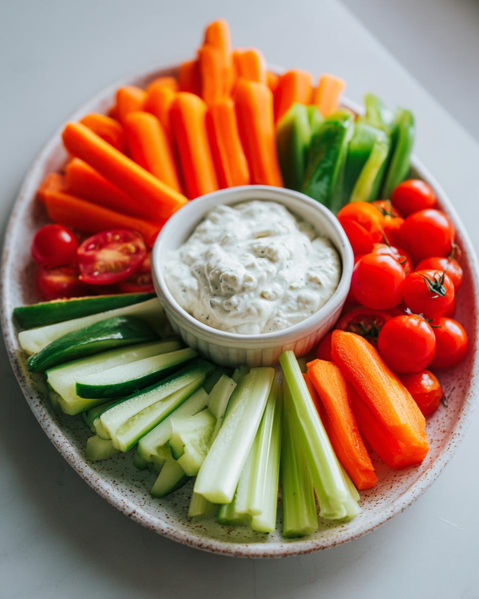 A colorful assortment of fresh vegetables, including carrots, celery, cucumbers, and cherry tomatoes, arranged around a bowl of creamy dip. Perfect for veggie tray ideas.